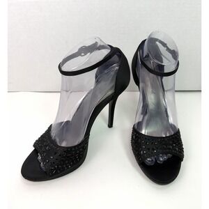 Lulu Townsend Black Satin Heels 7.5 Peep Toe Ankle Strap Studded‎ Dress